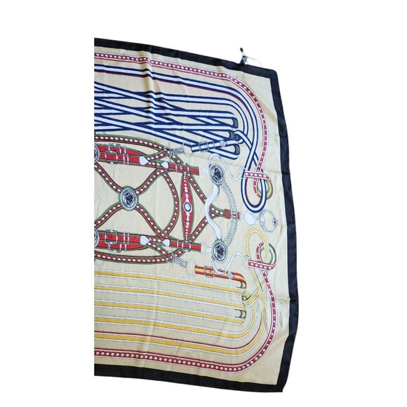 Designer Silk Scarf Beige Gold Red Navy Women’s Equestrian Print Chic Luxury - Picture 6 of 10